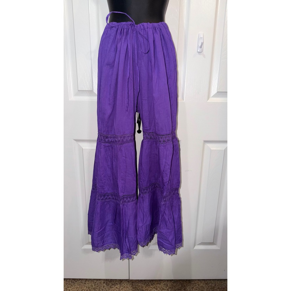 Advance Apparels Purple Wide Leg Boho Tiered Crochet Lace Pants Free Size NWT